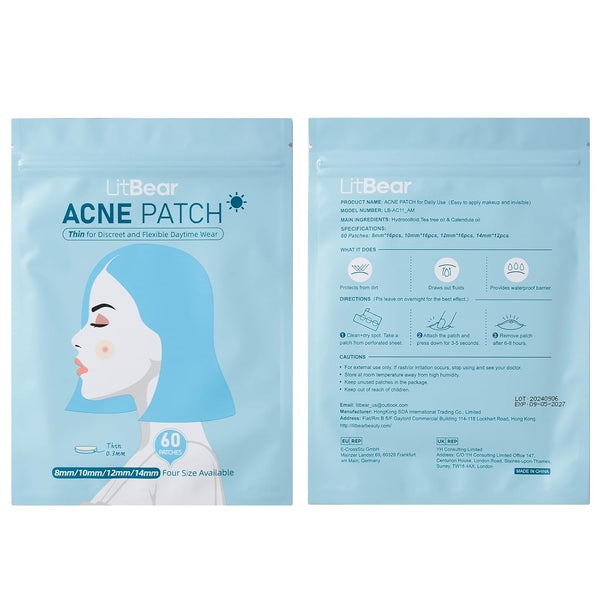 Litbear Acne Pimple Patches- Day and Night 4 Sizes 180 Dots Thin & Thick Hydrocolloid Patches with Witch Hazel, Tea Tree & Calendula Oil, Extra