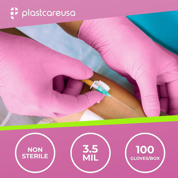 100 Nitrile Exam Gloves 3.5 Mil - Latex & Powder Free, Disposable Non-Sterile Protective Gloves By PlastCare Large Pink
