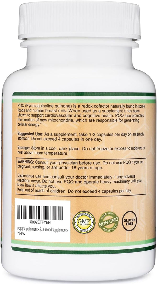 PQQ Supplement - 20Mg, 60 Capsules (Pyrroloquinoline Quinone) Promotes Mitochondria ATP Coenzyme Levels, Energy Optimizer and Sleep Support