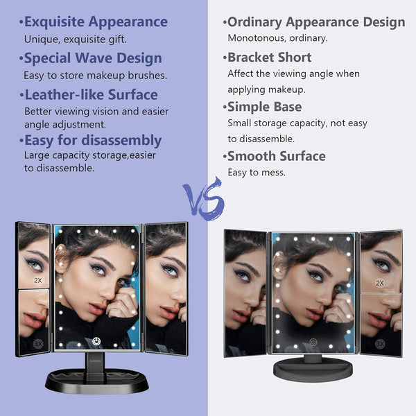 deweisn Trifold Lighted Vanity Makeup Mirror with 21 LEDs Lights,1x/2x/3x Magnification and Touch Screen Dimming,Two Power Supplies Makeup Mirror,