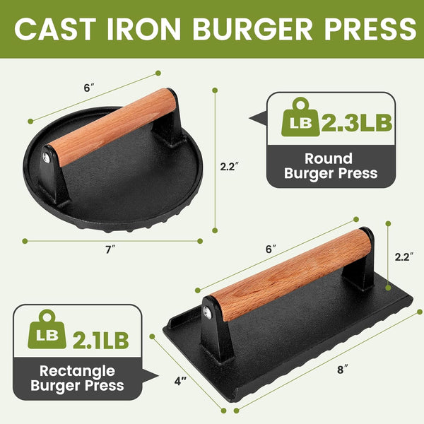 Blackstone Burger Press Set - 7" Round Smash Burger Press & 8"x4" Rectangle Cast Iron Grill Press with Wooden Handle - Smasher is Perfect for