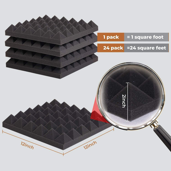 24 Pack Black 12 x 12 x 2 Inches Pyramid Designed Acoustic Foam Panels, Sound Proof Foam Panels for Walls, High Density and Flame-Retardant