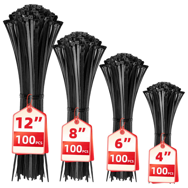 Cable Zip Ties,400 Pack Black Assorted Sizes 12+8+6+4 Inch,Multi-Purpose Self-Lo