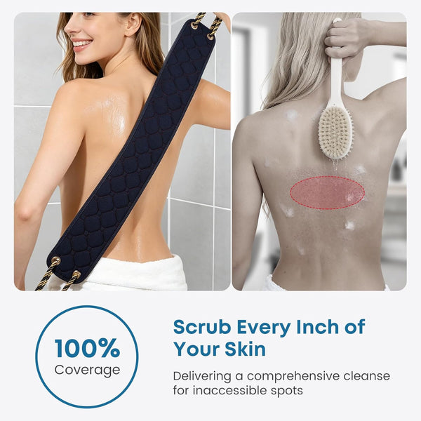 Exfoliating Back Scrubber with Handles, 38.5 Inch Double-Sided Back Exfoliator Body Scrub Towel, Exfoliating Washcloth Bath Tool for Use in