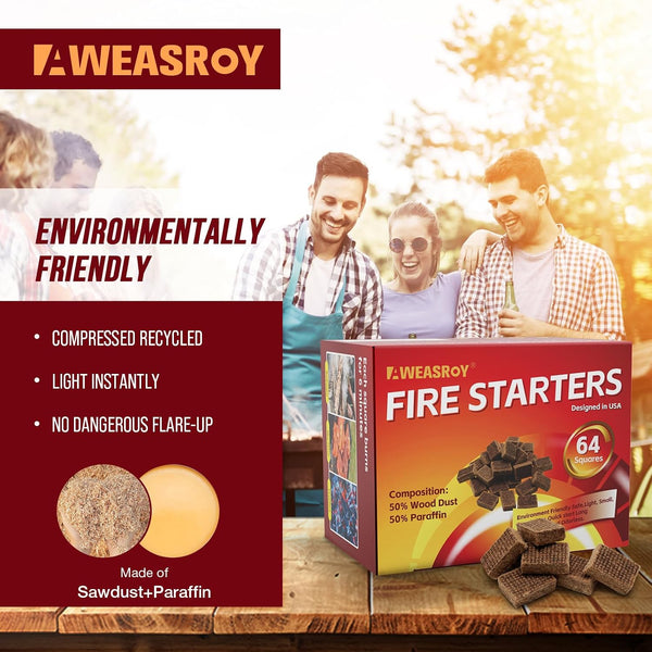 Fire Starter Squares 64 - Fire Starters for Fireplace,Chimney,BBQ Grill,Camping Fire,Wood Stove - Water Resistant and Safe Odourless - Camping