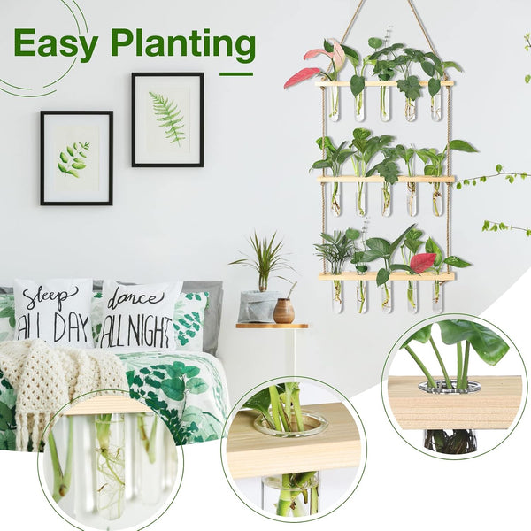 XXXFLOWER Wall Hanging Propagation Station with Wooden Stand 15 Tubes Beige 15 Tube Vases