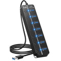 USB Hub 7 Port, USB Splitter with Individual On/Off Switches and Lights. Black