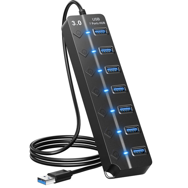 USB Hub 7 Port, USB Splitter with Individual On/Off Switches and Lights. Black