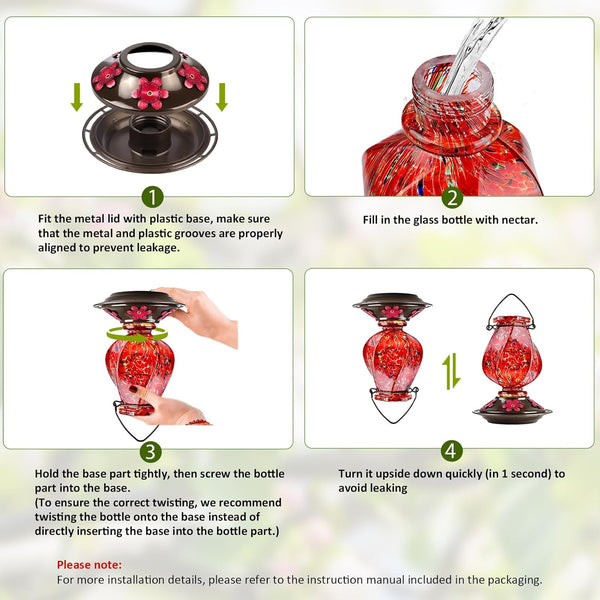 BOLITE Hummingbird Feeders for Outdoors Hanging, Hand Blown, Red, 22oz | Glass Hummingbird Feeder with Ant Moat, 5 Bee-Proof Ports, Leak-Proof,