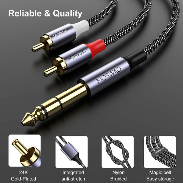 MOSWAG 1/4" to RCA Audio Cable, Quarter inch TRS to RCA Audio Cable 6.35mm Stereo Jack to Dual RCA Insert Cable Y Splitter Cable-3.3FT 3.3 ft Black