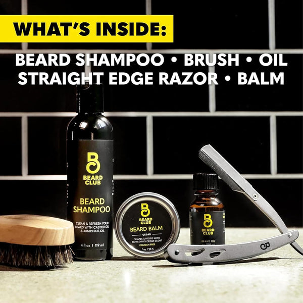 The Beard Club Beard Care Kit & Mens Grooming Kit - Essentials for a Healthier Looking, Stylish Facial Hair - Straight Edge Razor, Shampoo, Cedar