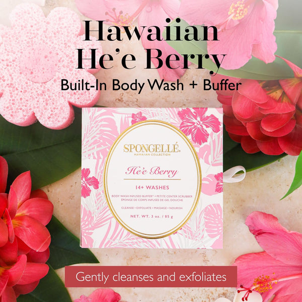 SpongellÃ© He'E Berry Hawaiian Buffer | Body Wash Infused Sponge with Awapuhi & Kukui Nut Oil | Exfoliates & Hydrates | 14+ Uses