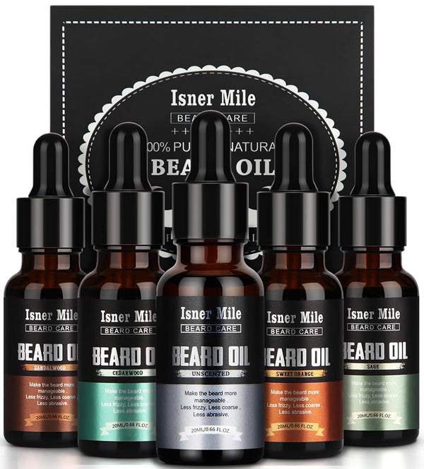 ISNER MILE 5 Pack Beard Oil Set Leave in Conditioner, Cedarwood Sandalwood Sage Sweet Orange, Mustaches Soften Moisturizing, Valentines Gifts for