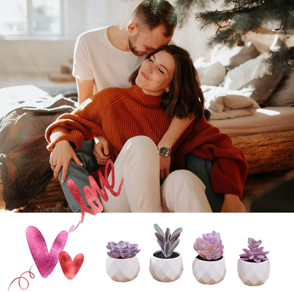 CADNLY Fake Succulent Plant Set - Artificial Desk Plants for Women Desk - Realistic Faux Succulents in Ceramic Pots - Mini Purple Decor for
