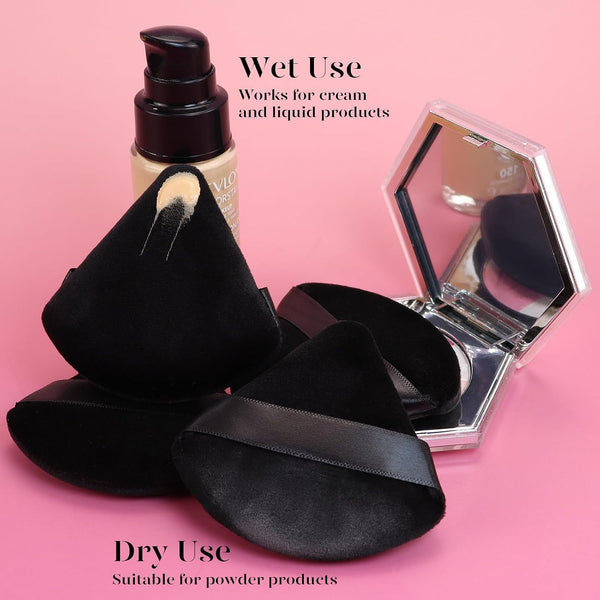 BEAKEY Powder Puff, 12pcs Face Triangle Powder Puffs for Loose & Foundation | Black Velvet Makeup Puff for Contouring & Baking, Ultra-soft Cloud