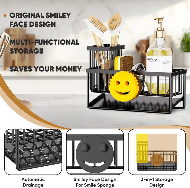Sponge Holder for Kitchen Sink,Smiley Face Sink Caddy with Removable Brush Holder,Self-Draining Sponge Caddy for Sponge,