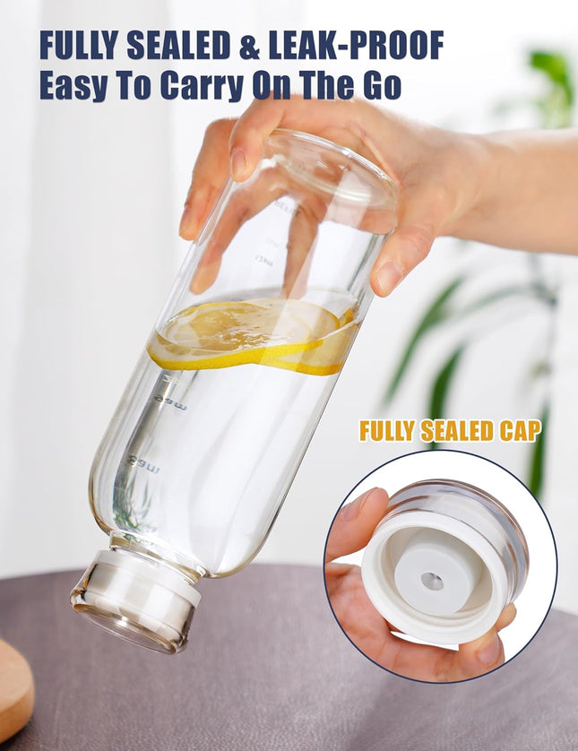 NiHome 25oz/750ml Clear Glass Water Bottle with 2 Caps & Stainless-Steel Straw, Temperature Resistant Durable High Boros