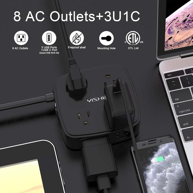 10 Ft Surge Protector Power Strip - 8 Widely Outlets with 4 USB Ports, 3 Side Outlet Extender with 10 Feet Extension Cord, Flat Plug, Wall Mount,
