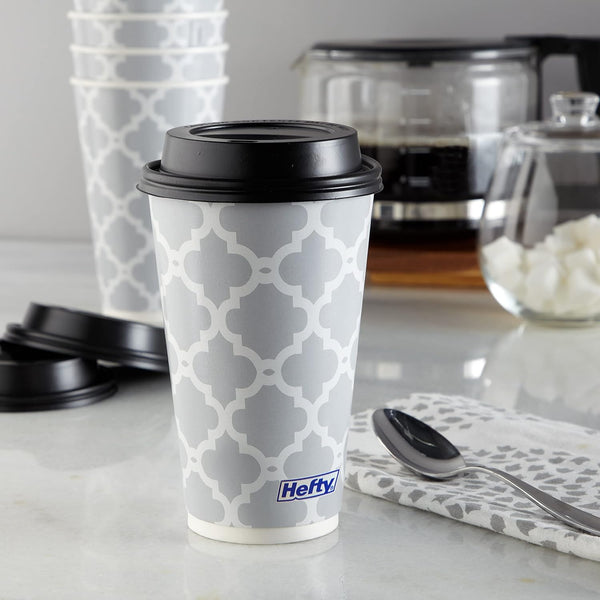 Hefty Disposable Hot Cups with Lids, Insulated Paper Coffee Cups for Tea, Cocoa and Hot Beverages, Leak Resistant Single Use Drink Cups, 16 Ounce,