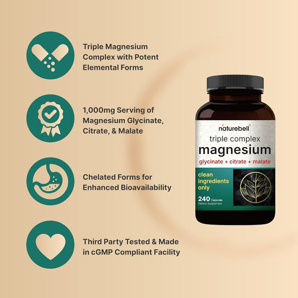 Triple Complex Magnesium Supplement, 240 Capsules | Magnesium Glycinate 500Mg with Citrate & Malate | Chelated & Purified | Bone, Heart, & Muscle