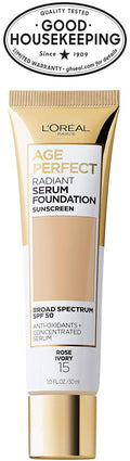 L'Oreal Paris Age Perfect Radiant Serum Foundation with SPF 50, Rose Ivory, 1 Ounce Rose Ivory 1 Fl Oz (Pack of 1)