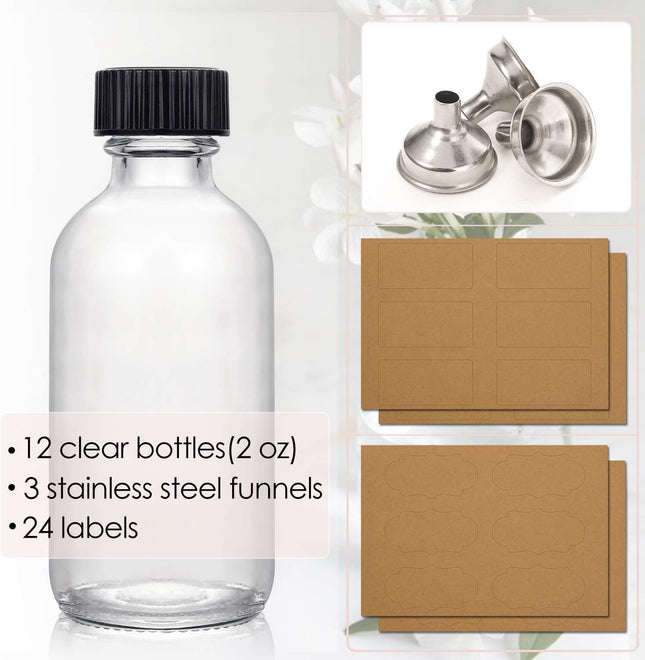 AOZITA 12 Pack, 2 Oz Small Clear Glass Bottles W/Lid & 3 Funnels - 60Ml Boston Shot Bottles for Health, Immunity, Potion