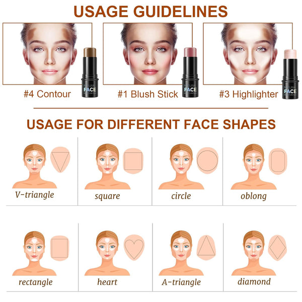 Lezero 3Pcs Contour Stick Makeup Kit, Shades with Highlighter, Blush and Bronzer Trio for Sculpt the Cheeks and Body, Long Lasting, Waterproof,