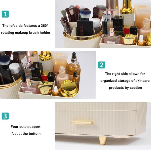 Makeup Organizer Countertop with Drawer 360 Rotating Brush Holder Storage Large Capacity Skincare Cosmetic Display Cases for Vanity Bathroom
