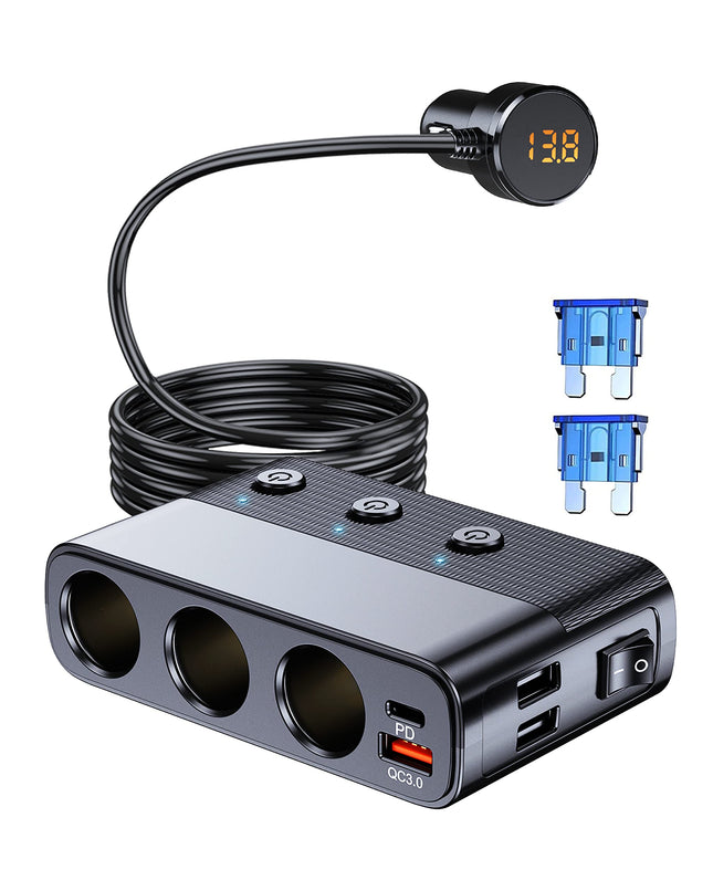 7 in 1 Cigarette Lighter Splitter, LIHAN 3 Socket Car Charger Adapter, Type-C QC3.0 PD 30W Charging, Dual USB Charging P