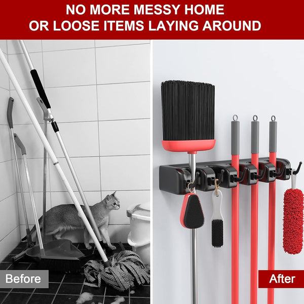 LETMY Broom Holder Wall Mount - Mop and Broom Hanger Holder - Garage Storage Rack & Garden Tool Organizer - 5 Position 6 Hooks Broom Rack for
