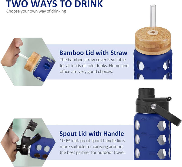 MUKOKO 24Oz Glass Water Bottle with 2 Lids-Handle Flip Lid&Bamboo Straw Lid,Motivational Water Tumbler with Time Marker Reminder and Silicone