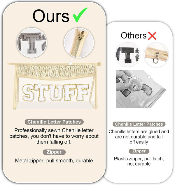 Small Boho Straw Clear Beach Makeup Bags for Women&Girls, Zipper Cosmetic Bag Chenille Varsity Letter Patch Bag, Preppy Cute Toiletry Pouch,