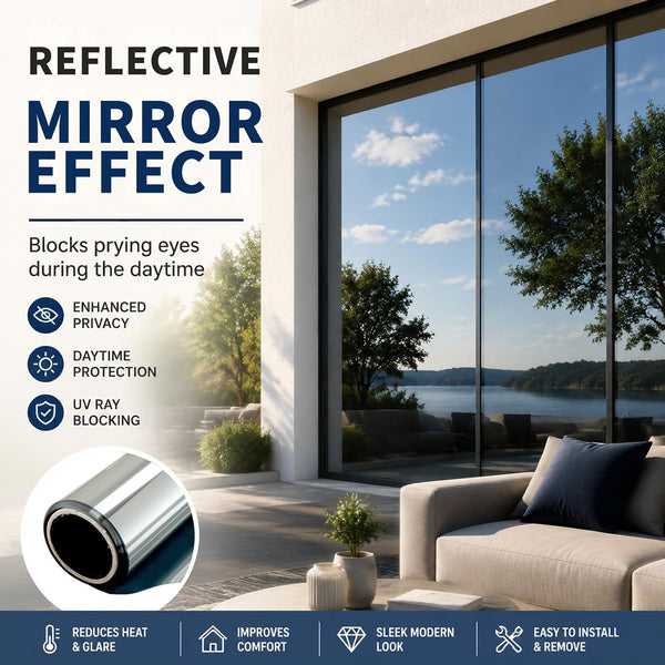 WPCTEV One Way Window Film, Daytime Privacy Mirror Window Tint, Static Cling Reflective Window Film Heat Control UV Blocking & Glare Reduction for