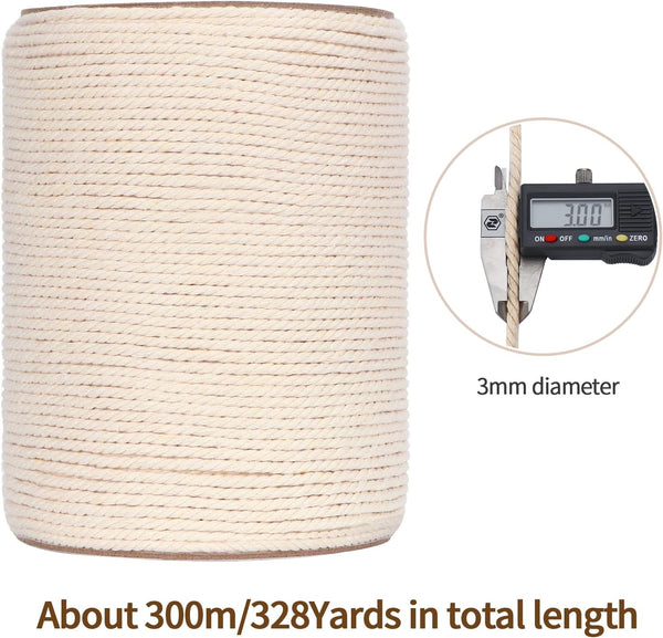 Macrame Cord 3mm x 328Yards(984Feet), Natural Cotton Macrame Rope - 3 Strands Twisted Macrame Cotton Cord for Wall Hanging, Plant Hangers, Crafts,