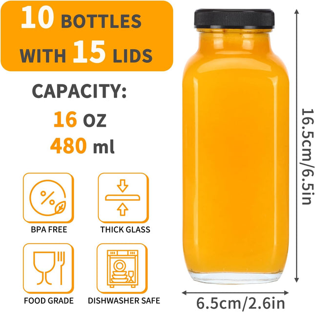 CUCUMI 10Pcs 16Oz Glass Juice Bottles with Lids, Reusable Juice Containers Drinking Jars Water Cups with Brush, Glass St