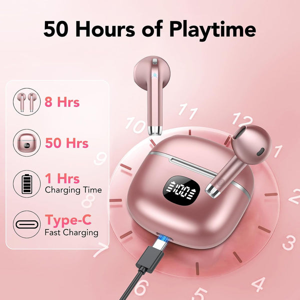TIMU Wireless Earbuds, Bluetooth Headphones 5.3, 50H Playtime LED Display Deep Bass Ear Buds with 4 ENC Noise Cancelling Mic, IP7 Waterproof