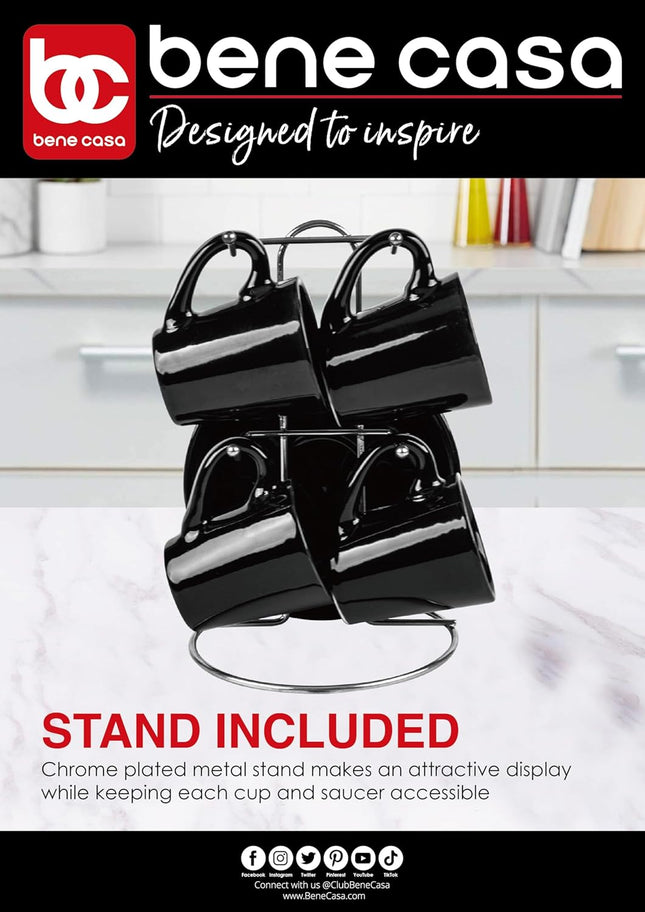 Bene Casa Black 9-Pc Espresso Set W/Metal Stand, 4 Espresso Cup Set, Cup & Saucer Set, Color Negro Juego De 4 Tazas Y 4 