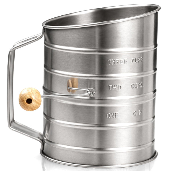 Bellemain 3 Cup Flour Sifter for Baking Fine Mesh Rotary Hand Crank with Loop Agitator for Quick Sifting, Flour Sifter Stainless Steel