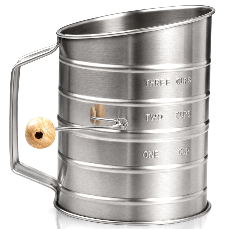 Bellemain 3 Cup Flour Sifter for Baking Fine Mesh Rotary Hand Crank with Loop Agitator for Quick Sifting, Flour Sifter Stainless Steel