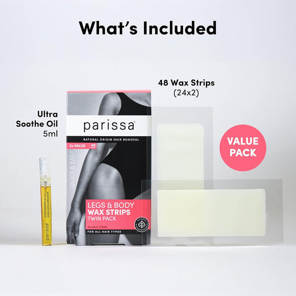 Parissa Legs & Body Wax Strips Kit Value Pack for Body Hair Removal, At-Home Waxing Kit with Ready-To-Use Large Wax Strips, 5Ml Aftercare Oil,