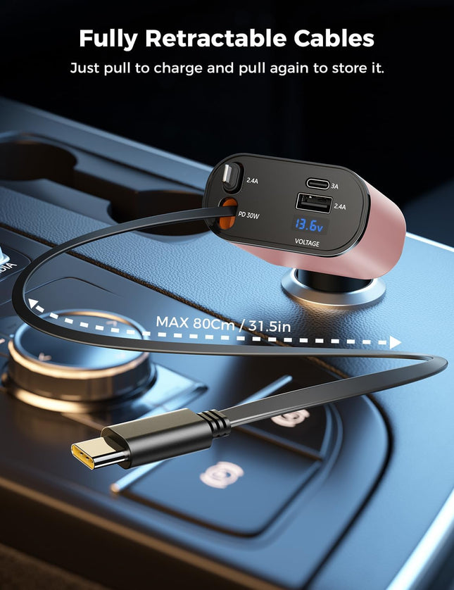 ?Upgraded? SUPERONE Retractable Car Charger 4 in 1, Fast Car Phone Charger with Cord 2.6Ft, USB C Car Charger Adapter, C