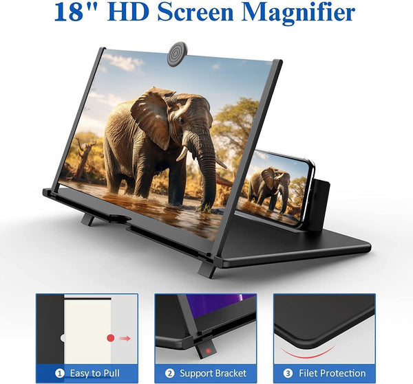 18" Screen Magnifier for Cell Phone – 3D HD Magnifing Screen Enlarger Projector for Movies Videos and Gaming – Foldable Phone Stand Holder with