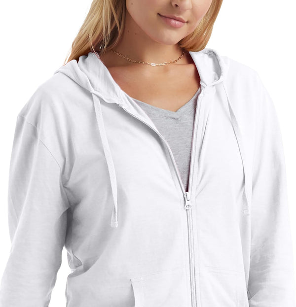 Hanes Women's Lightweight Full Zip Hoodie, Textured Cotton Zip Up, T-Shirt Hoodie Small White
