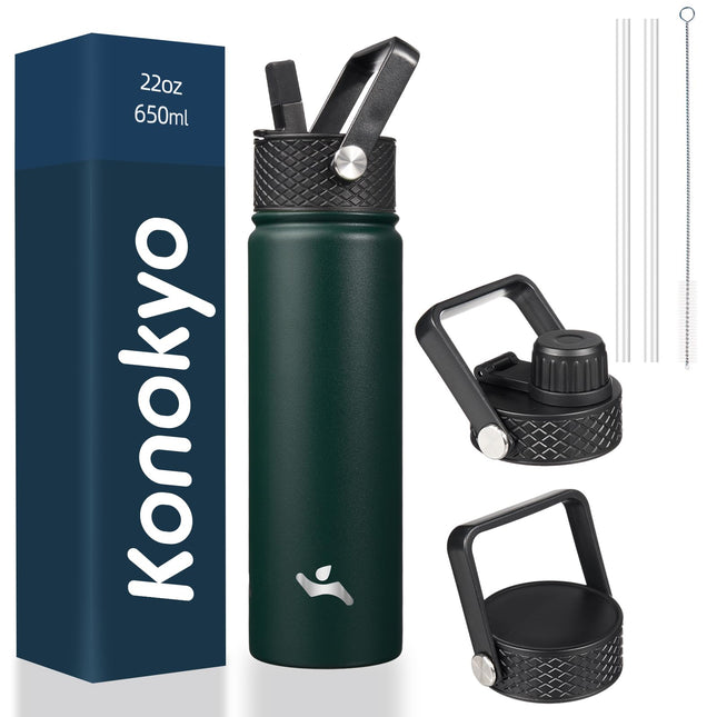 22Oz Stainless Steel Bottles with 3 Lids Sport Insulated Water Bottle,Army Green