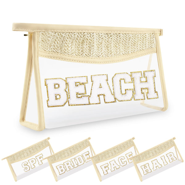 Small Boho Straw Clear Beach Makeup Bags for Women&Girls, Zipper Cosmetic Bag Chenille Varsity Letter Patch Bag, Preppy Cute Toiletry Pouch,