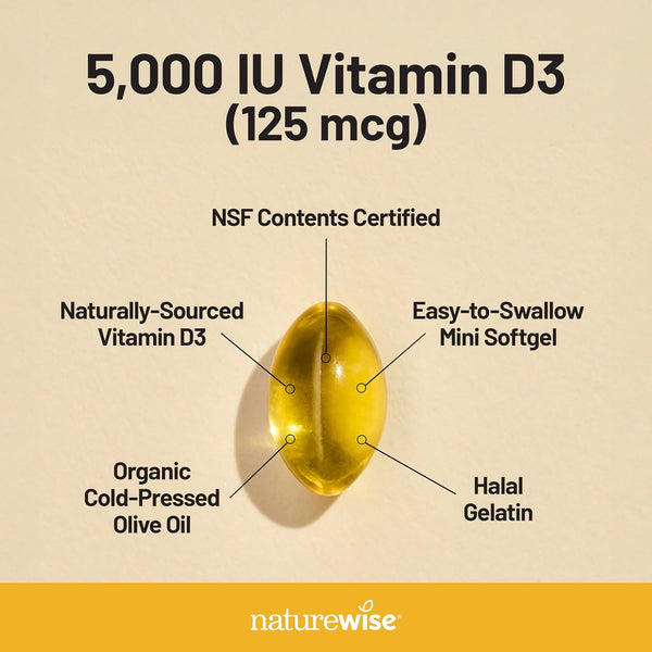 Naturewise Vitamin D3 5000Iu (125 Mcg) 1 Year Supply for Immune Support, Healthy Muscle Function, and Bone Health - Non-Gmo, Gluten Free in