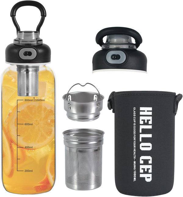 34Oz Glass Water Bottle with Capacity Mark & Stainless Steel Tea Strainer-Large Capacity for Hot/Cold Drinks,Coffee,Tea,And Water-Includes
