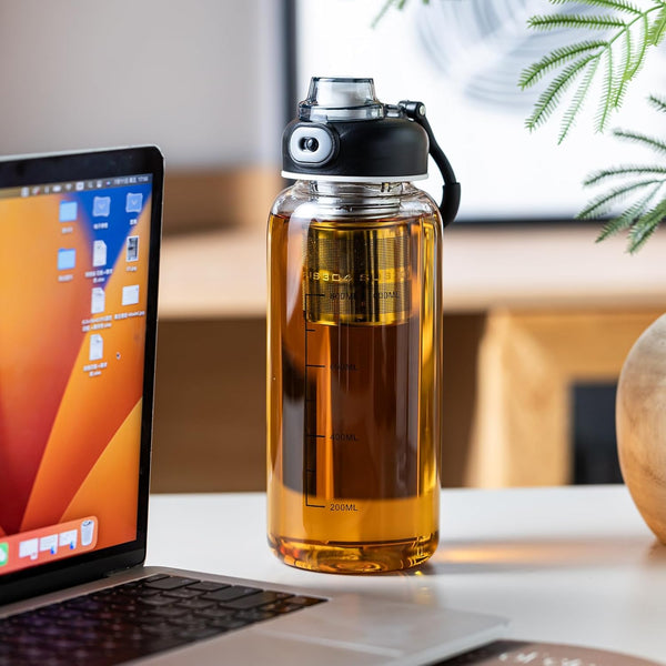 34Oz Glass Water Bottle with Capacity Mark & Stainless Steel Tea Strainer-Large Capacity for Hot/Cold Drinks,Coffee,Tea,And Water-Includes