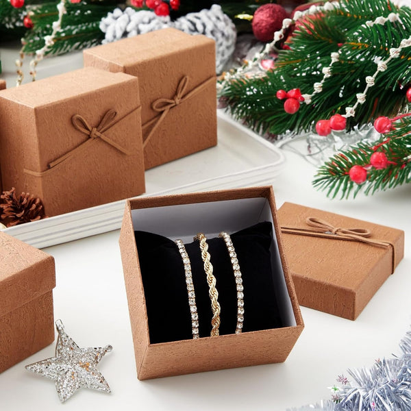 Juvale Bracelet Gift Box 6-Pack - 3.5 x 3.5 x 2.3 in, Brown Country-Rustic Cardboard - Velvet Pillow & Faux Leather Bow Lid - Tiny Jewelry Gift
