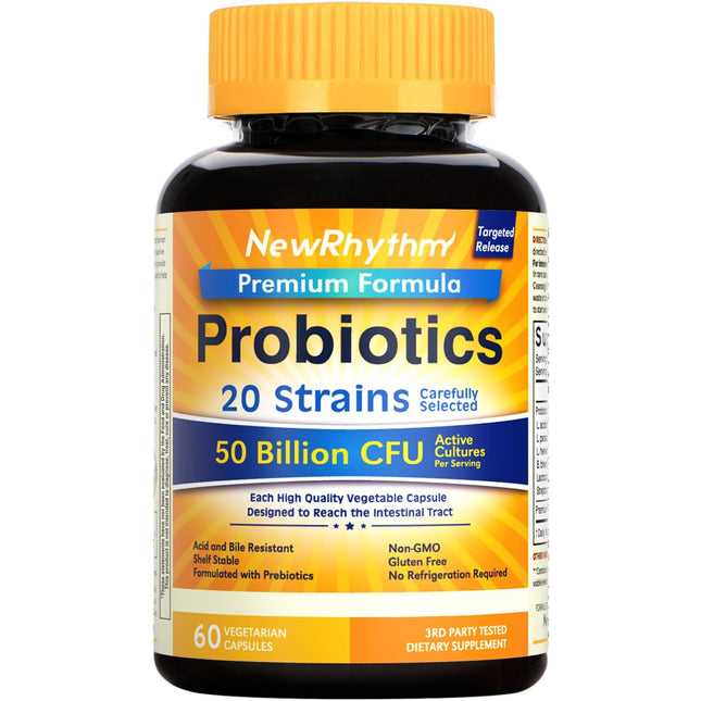 Newrhythm Probiotics 50 Billion CFU 20 Strains, 60 Veggie Capsules, Targeted Rel